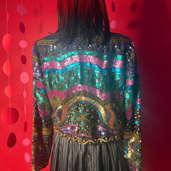 Vintage Laurence Kazar Silk Sequin Blazer – 1980s Art Deco Party Jacket - Picture 1 of 12